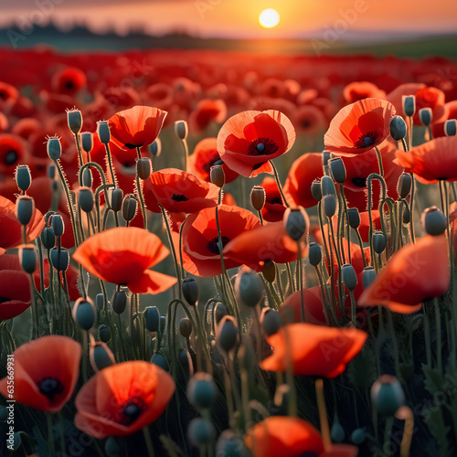planes flying over a poppy field as the sun goes down  Remembrance Day illustration