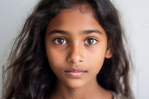a closeup photo portrait of a beautiful young asian indian model teen girl looking forward. child ad with copyspace. isolated on white background. Generative AI