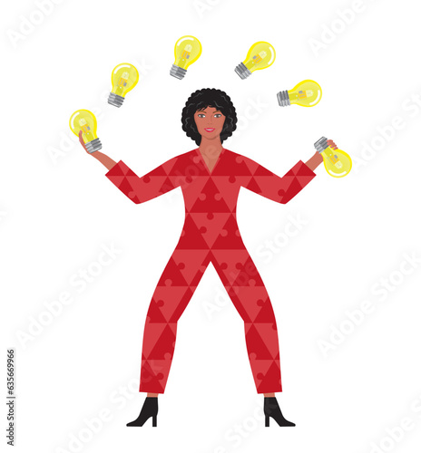 Woman juggling with ideas. Isolated. Brainstorming, inventor, solutions and creativity. Vector illustration.