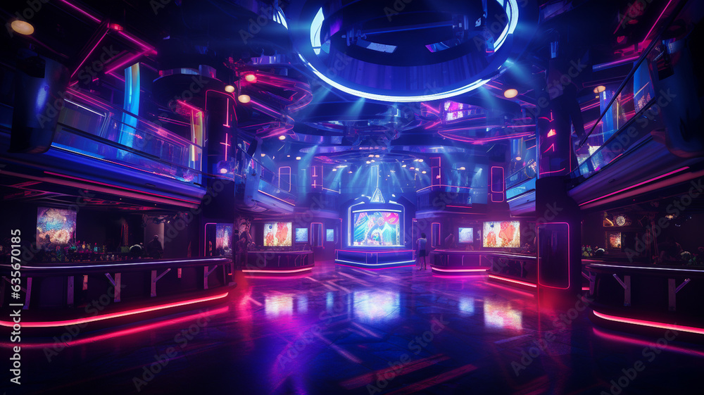 Luxury night club with dancefloor and lounge space, colorful neon spot light Luxury night club with dancefloor and lounge space, colorful neon spot light