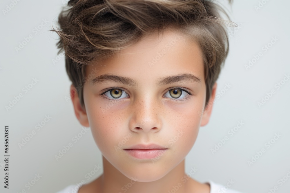 a closeup photo portrait of a beautiful young white european american blonde model teen boy looking forward. child ad with copyspace. isolated on white background. Generative AI