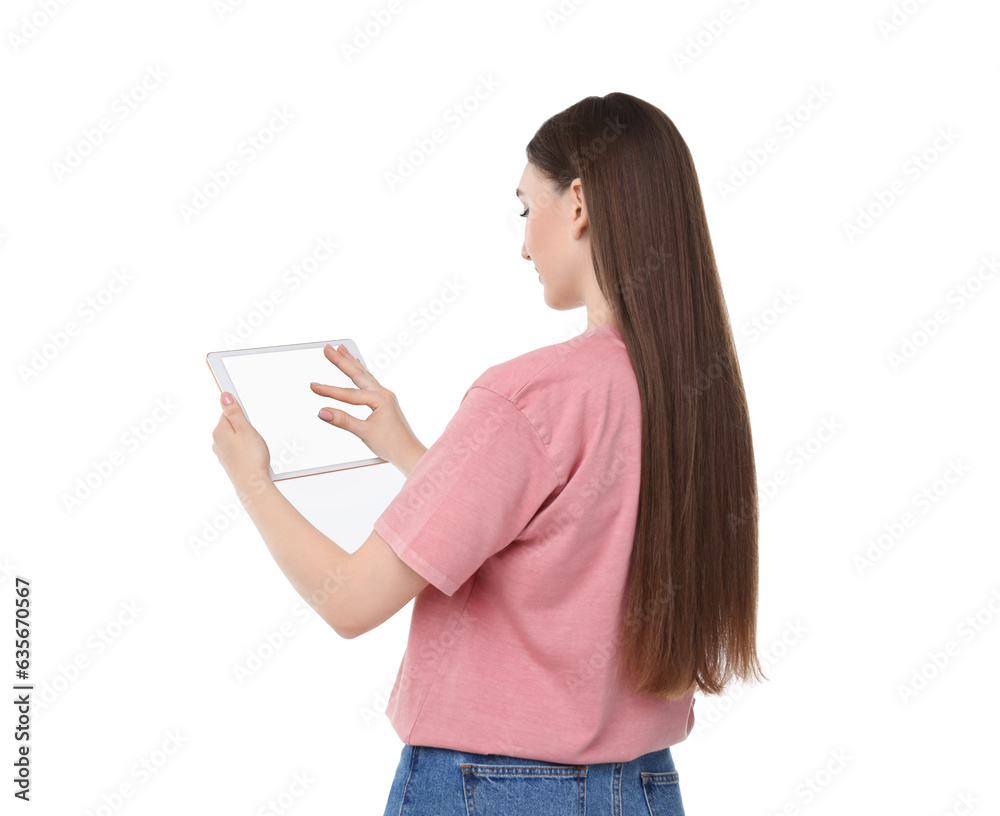 Woman using tablet with blank screen on white background. Mockup for design Woman using tablet with blank screen on white background. Mockup for design