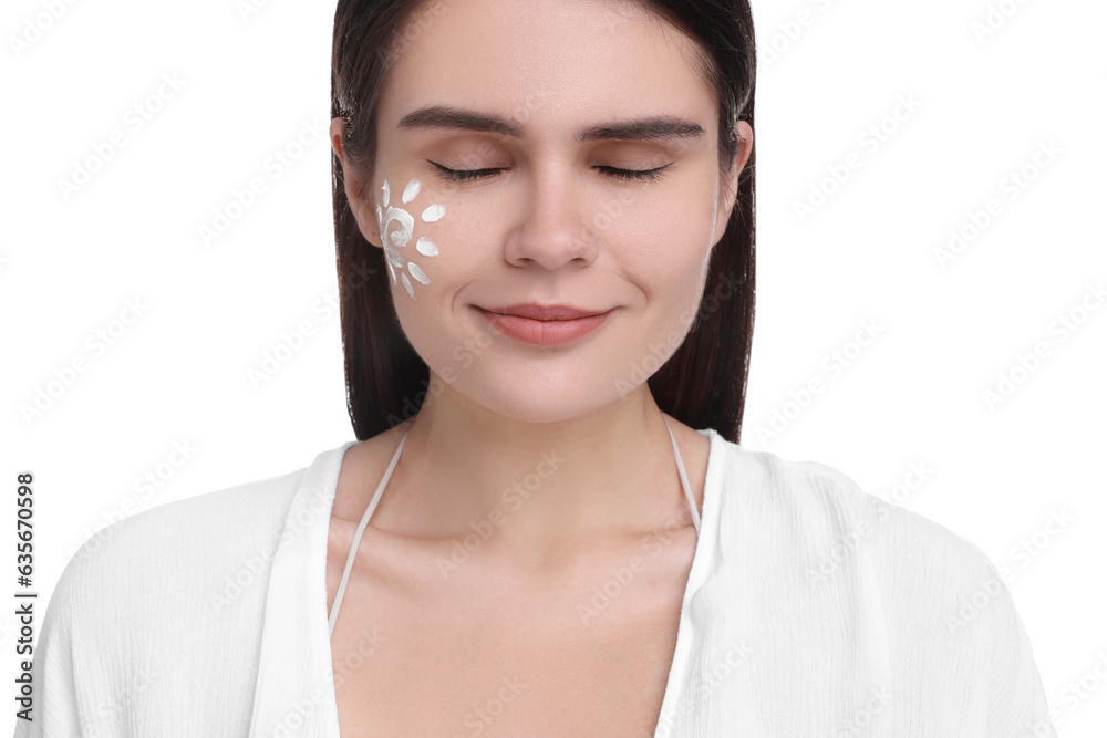 Beautiful young woman with sun protection cream on her face against white background Beautiful young woman with sun protection cream on her face against white background