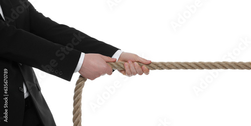 Dispute concept. Man pulling rope on white background, closeup