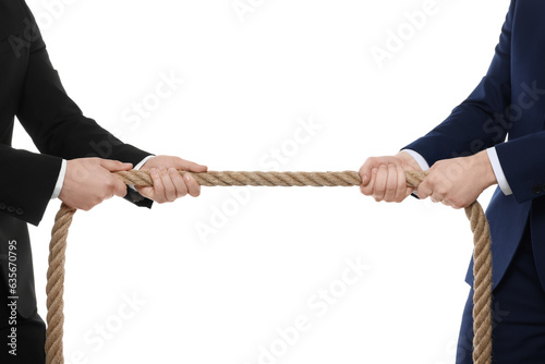 Dispute concept. Men pulling rope on white background, closeup