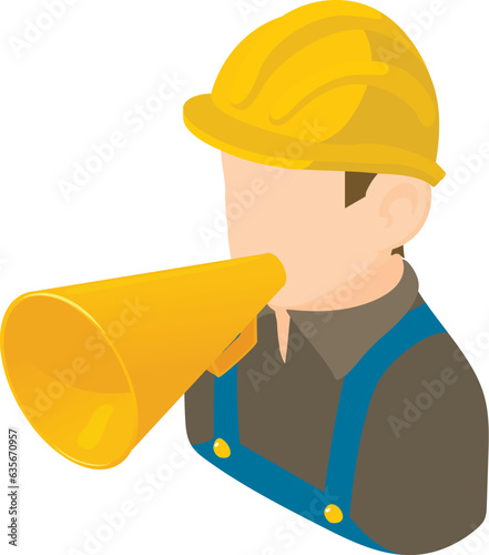 Worker speech icon isometric vector. Male worker character with loudspeaker icon. Public speaking, announcement