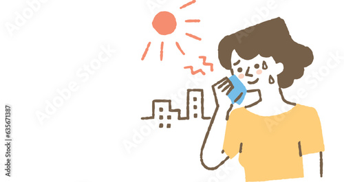 外の暑さで汗をかいている女性_色