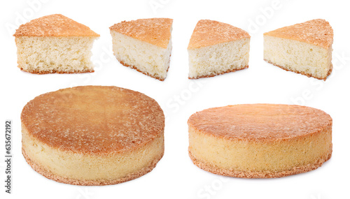 Tasty sponge cake isolated on white. Collage design