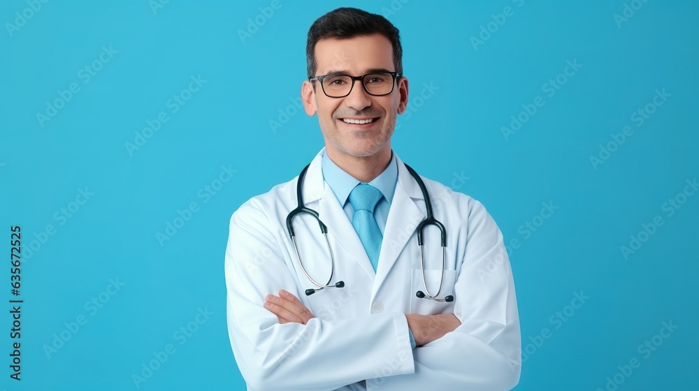 portrait of a smiling doctor on light blue background portrait of a smiling doctor on light blue background