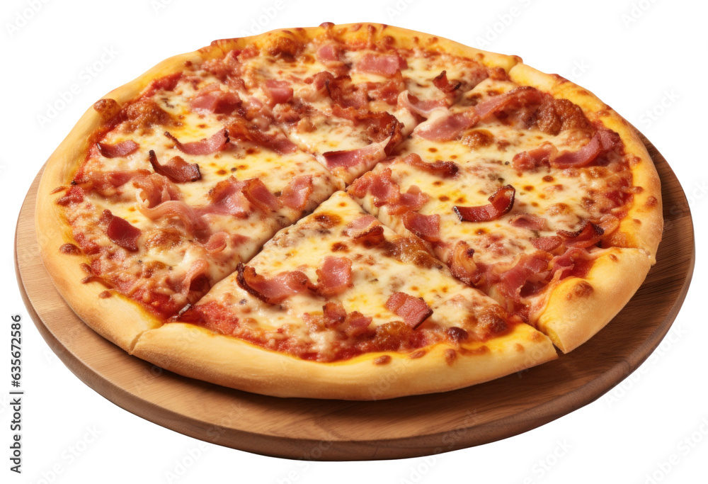Pizza with bacon, ham, mozzarella and tomato sauce isolated. Pizza with bacon, ham, mozzarella and tomato sauce isolated.