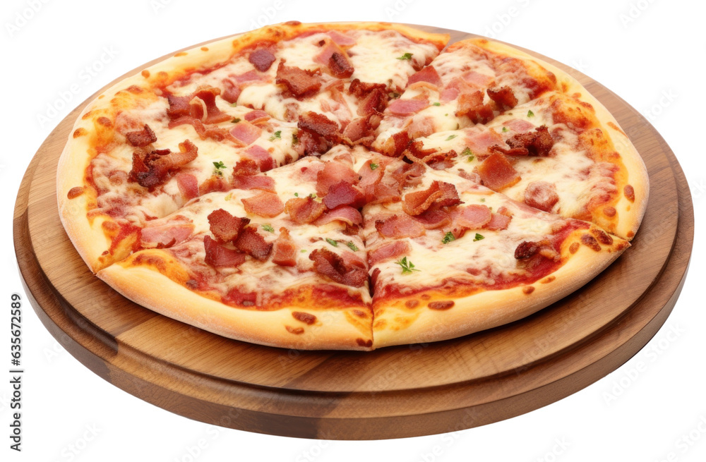 Pizza with bacon, ham, mozzarella and tomato sauce isolated.