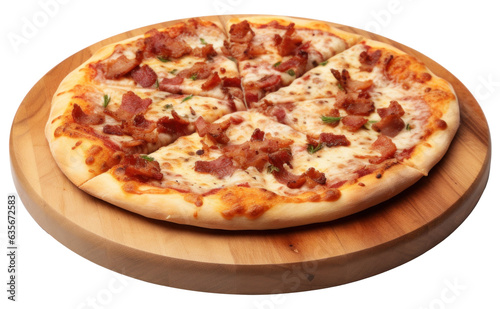 Pizza with bacon, ham, mozzarella and tomato sauce isolated.
