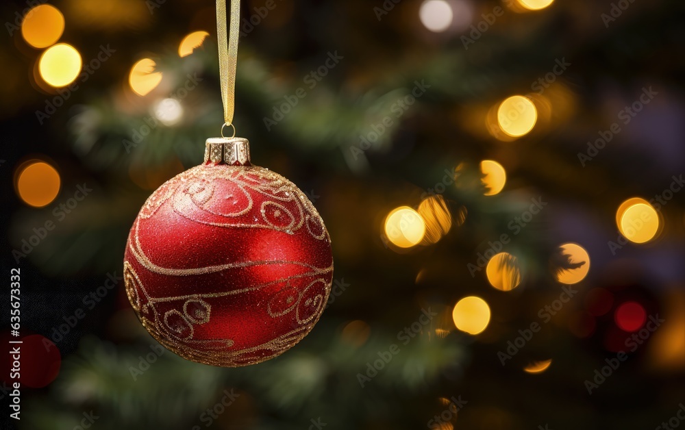 Christmas tree with decoration balls, concept of holidays and festivities, bokeh background. Generative AI