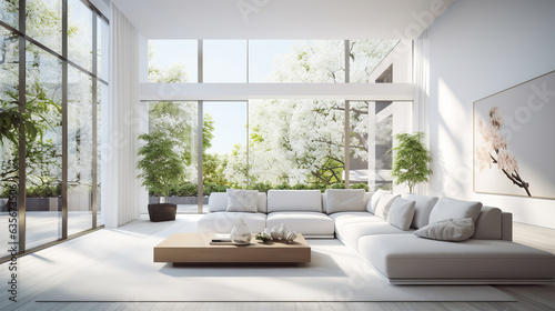Modern white interior with beautiful backyard view. Home living room design. 3D Rendering, 3D