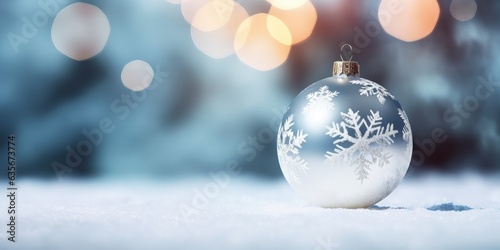 Christmas ball with snowflakes, concept of holidays and festivities, bokeh background. Generative AI