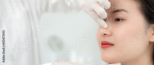 plastic surgery, beauty asian smile and happy after surgery, surgical procedure that involve altering shape of nose, doctor examines patient nose before rhinoplasty, medical assistance, health.