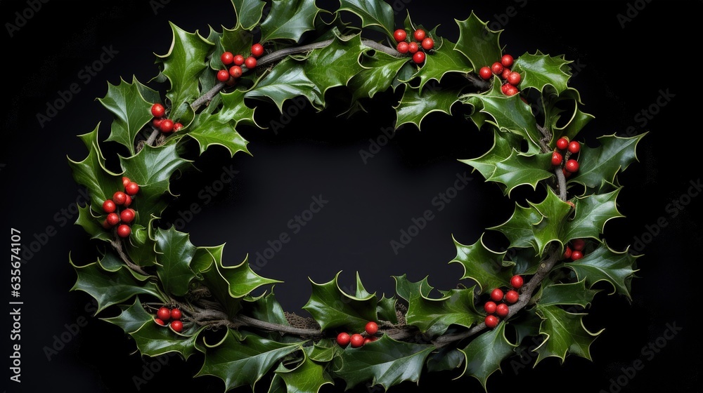 a holly wreath surrounded by leaves by a wooden door, in the style of dark emerald and red, holiday and christmas concept. Generative AI