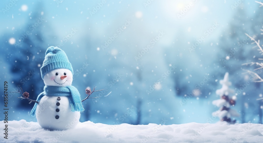 Landscape with snowman, falling snowflakes, holidays and christmas concept, bokeh background. Generative AI