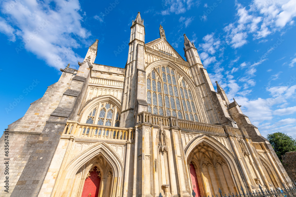 The medieval Cathedral Church of the Holy Trinity, Saint Peter, Saint Paul and Saint Swithun, commonly known as Winchester Cathedral, in the city of Winchester, England.