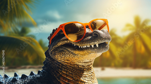 Cute crocodile alligator chilling on the beach in summer  photo