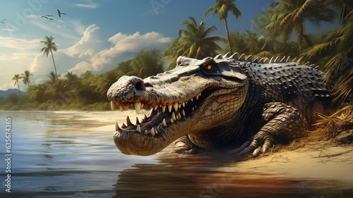Cute crocodile alligator chilling on the beach in summer 