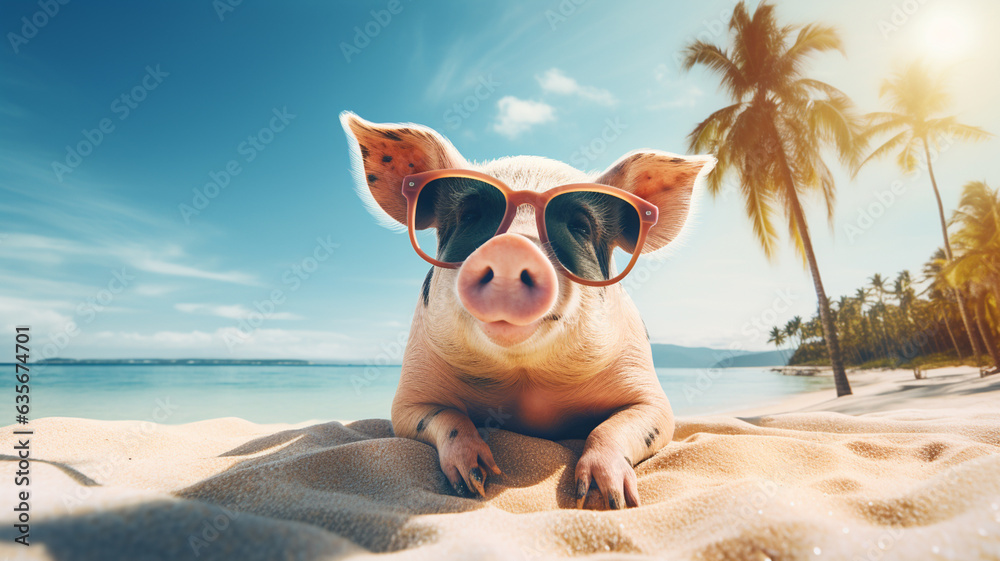 Funny cute pigs on tropical island, beach and ocean, concept of travel and tourism in summer - obrazy, fototapety, plakaty 