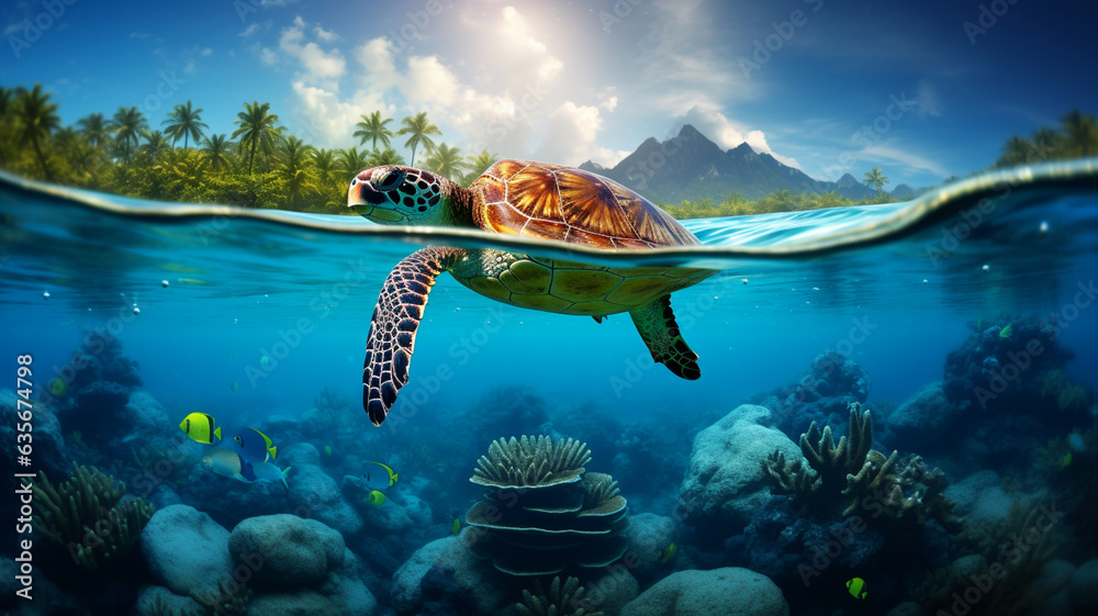 Turtle swimming in the ocean at tropical island  - obrazy, fototapety, plakaty 