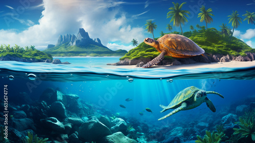 Turtle swimming in the ocean at tropical island 