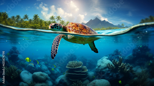 Turtle swimming in the ocean at tropical island  photo