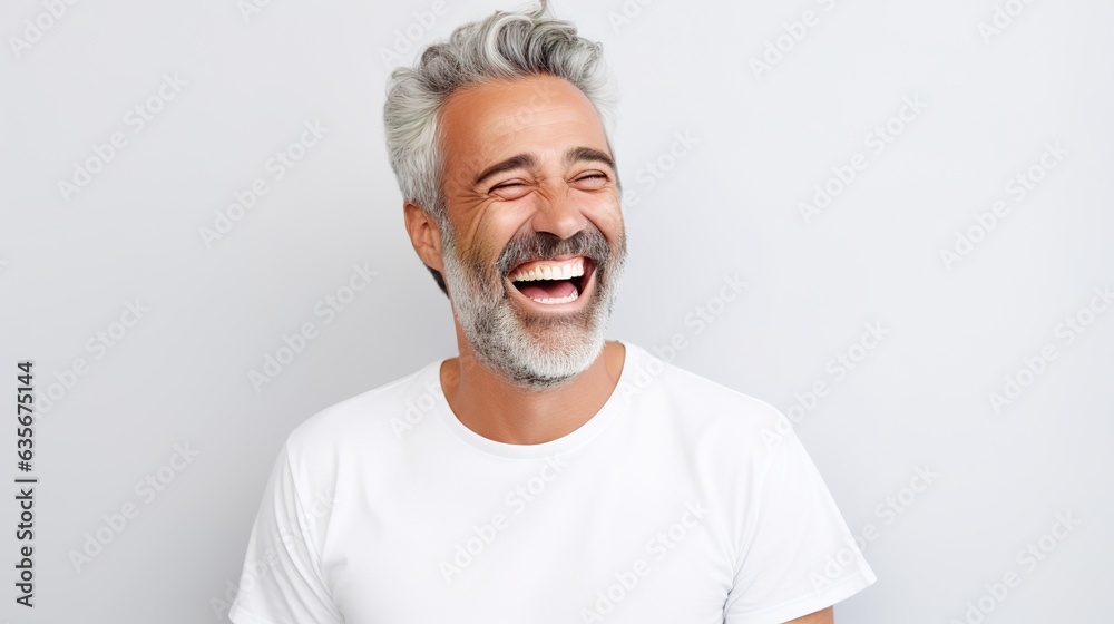Portrait of a happy mature man laughing copy space ad new isolated over bright white color background. generative ai Portrait of a happy mature man laughing copy space ad new isolated over bright white color background. generative ai