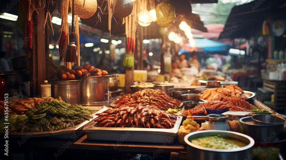 Outdoor asian food market, with meat, vegetables and fruit, generative ai - obrazy, fototapety, plakaty 