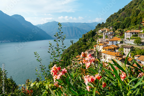 Italy, Lake Lugano. View of the lake, mountains and old houses above the lake. © Nataliya Schmidt