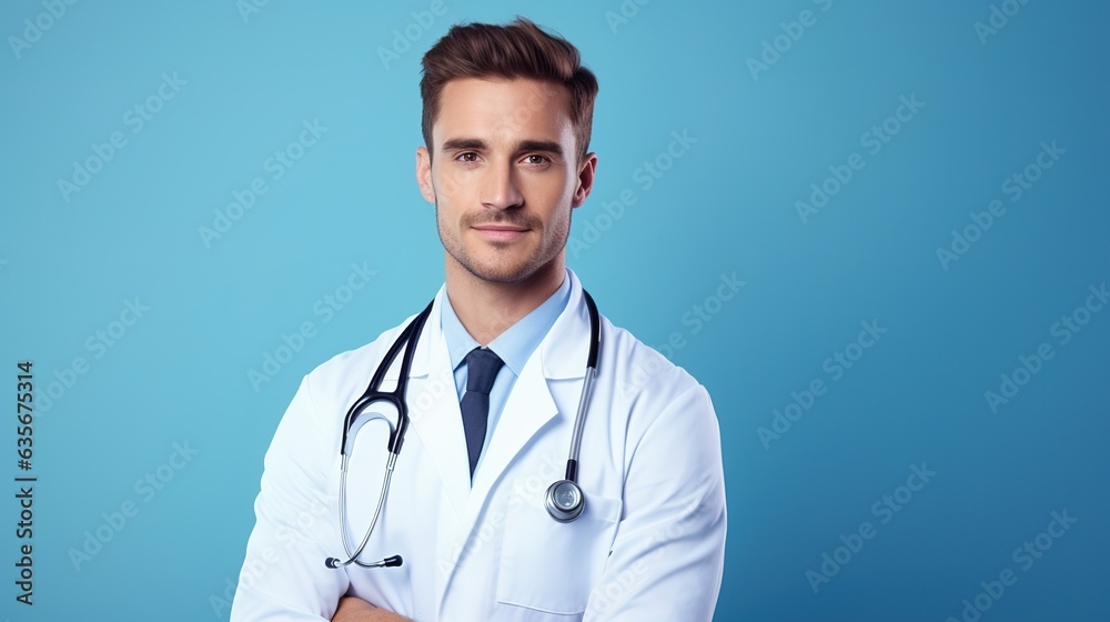 Doctor with stethoscope isolated on a blue background.