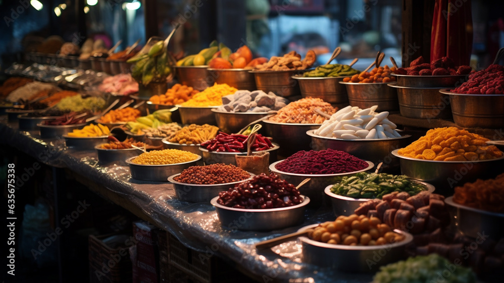 Outdoor asian food market, with meat, vegetables and fruit, generative ai