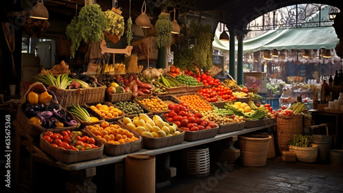 Delicious outdoor fresh fruit and vegetable food market, generative ai