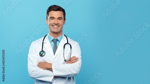 Confident Doctor: A friendly and confident male doctor with a warm smile, wearing a pristine white coat and stethoscope, stands with his arms crossed against a vibrant blue background.