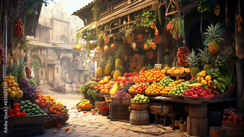 Delicious outdoor fresh fruit and vegetable food market, generative ai