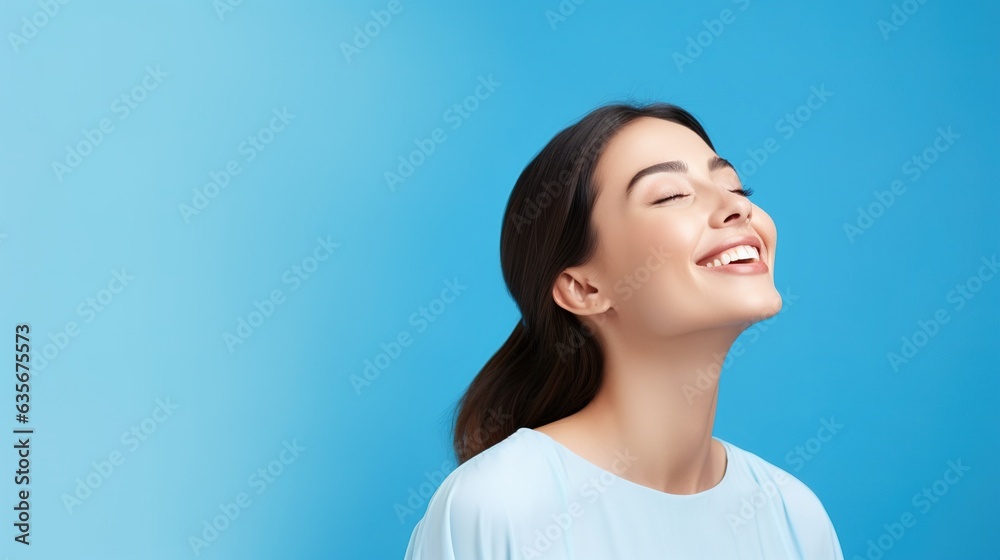 Profile side view portrait of attractive cheerful girl demonstrating copy space ad new isolated over bright blue color background. generative ai Profile side view portrait of attractive cheerful girl demonstrating copy space ad new isolated over bright blue color background. generative ai