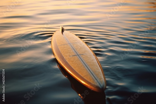 surfboard on calm water surface at sunset.  © Margo_Alexa