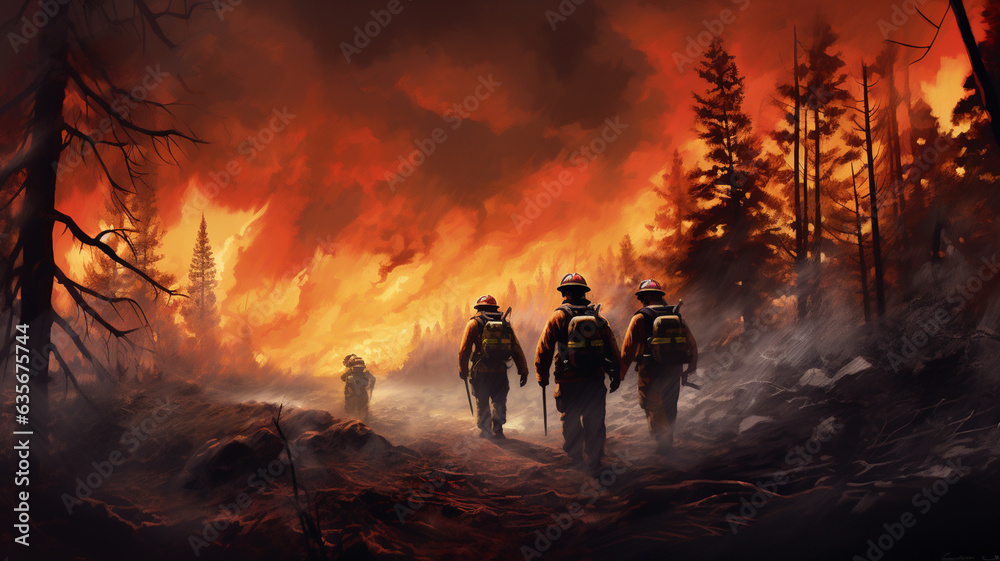 Forest wildfires, burning trees and smoke, firefighters coming to extinguish the fire.