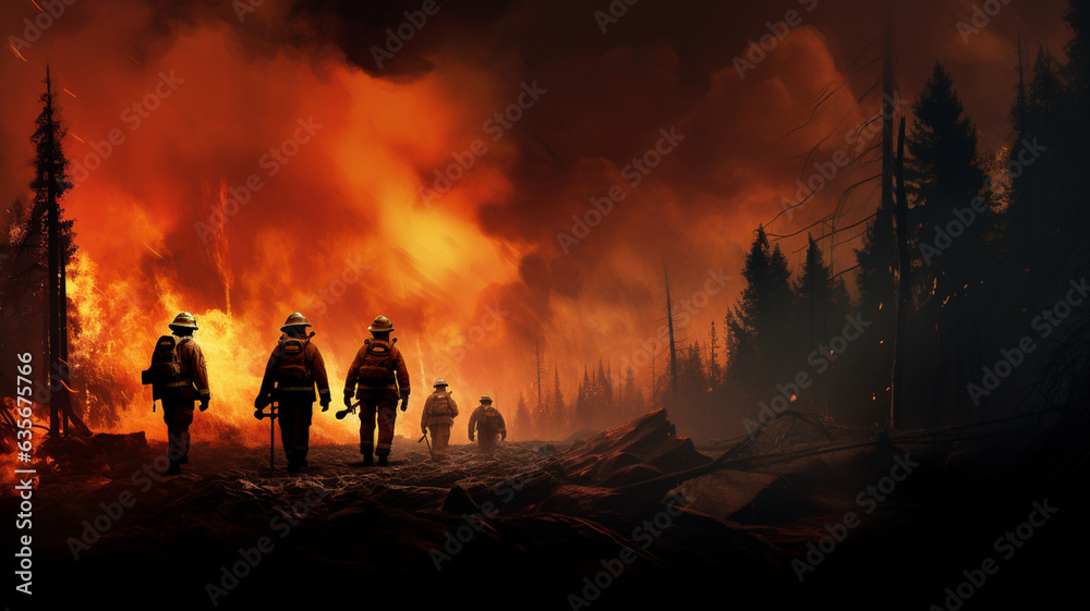 Forest wildfires, burning trees and smoke, firefighters coming to extinguish the fire.