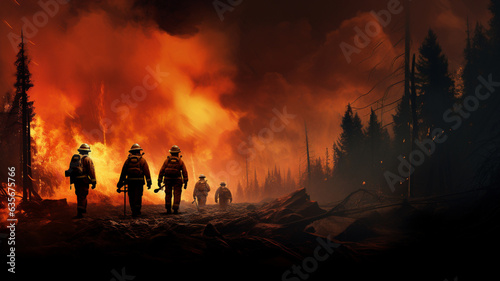 Forest wildfires  burning trees and smoke  firefighters coming to extinguish the fire.