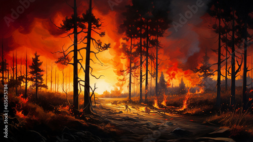 Forest wildfires, burning trees and smoke, firefighters coming to extinguish the fire. © Artofinnovation