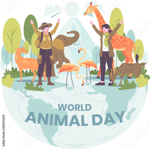 World Animal Day Illustration. Wildlife Sanctuary Workers Celebrating World Animal Day. Animals on The Planet, Wildlife Day with the Animals