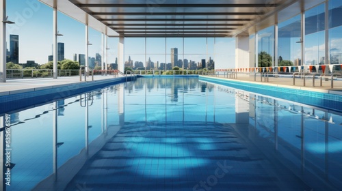 Close-up of the Olympic swimming pool with the cityscape outside the window. 