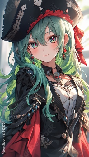 very cute anime pirate girl with green hairs, illustration, generative ai