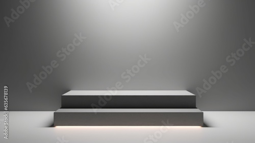 Grey LED Abstract Minimalistic Product Podium. The Scene for Product Presentation. 3D Room with Geometric Platform Stage Pedestal. Ai Generated Podium Mockup for a Product advertisement.