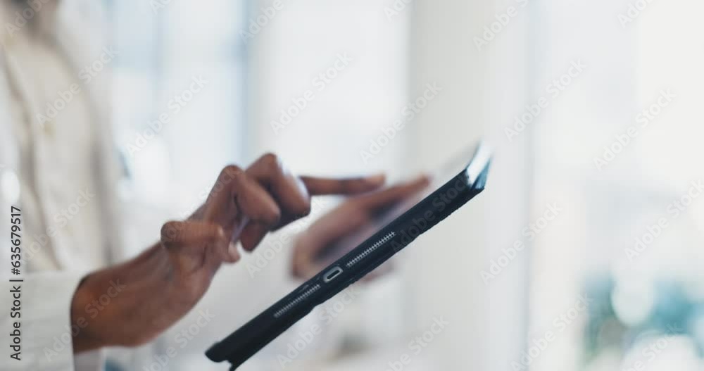 Closeup, hands and doctor with a tablet, typing and communication with network, social media and search internet. Person, medical professional and surgeon with technology, website info and healthcare