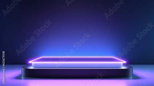 Holo LED Abstract Minimalistic Product Podium. The Scene for Product Presentation. 3D Room with Geometric Platform Stage Pedestal. Ai Generated Podium Mockup for a Product advertisement. © Vector Juice