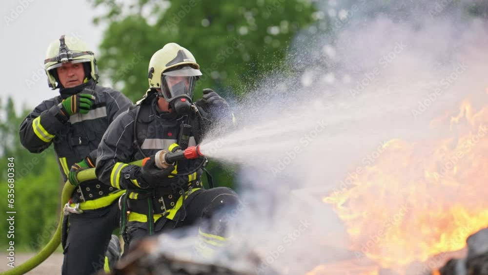 Firefighters fight the fire flame to control fire not to spreading out. Firefighter industrial and public safety concept. Traffic or car accident rescue and help action. Firefighters fight the fire flame to control fire not to spreading out. Firefighter industrial and public safety concept. Traffic or car accident rescue and help action.
